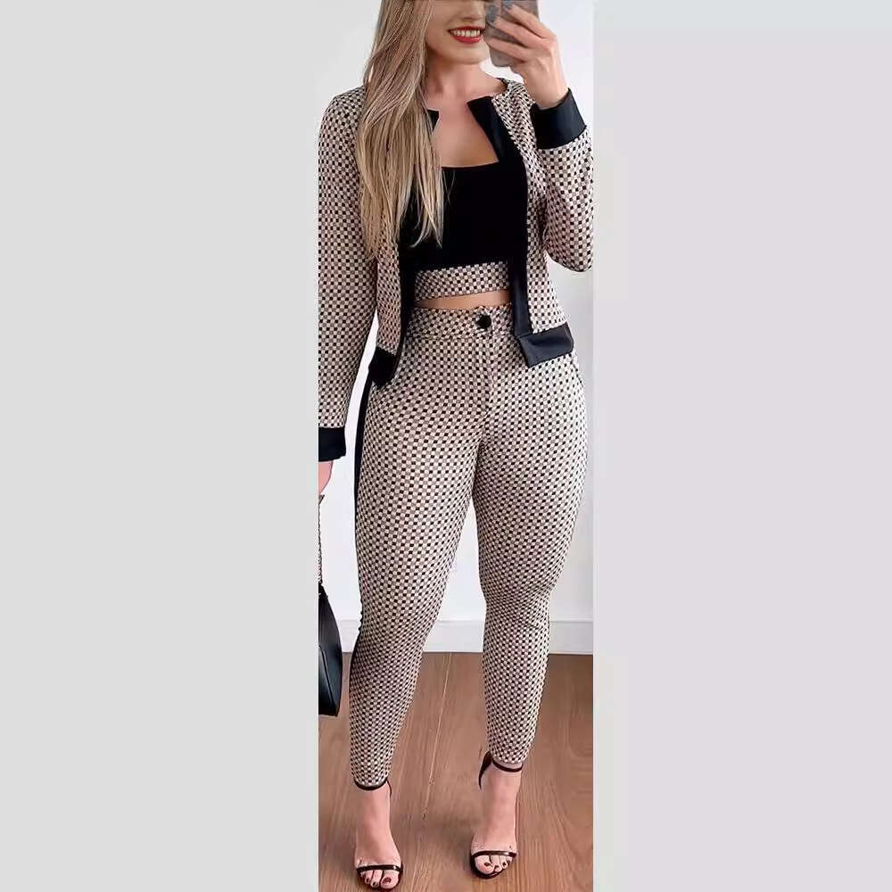 Creative Spring Autumn European and American Style Street Fashion Women's Vest Cardigan Tight Pants Three-Piece Set Hot Sale