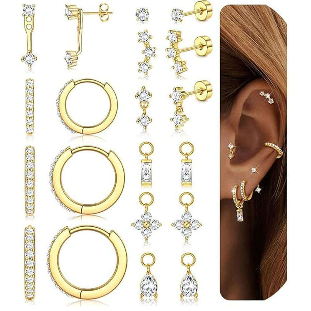 Cross-Border Foreign Trade Best-Selling Flat Back CZ Charms Trendy Versatile gold Stackable Earrings Set Decorations