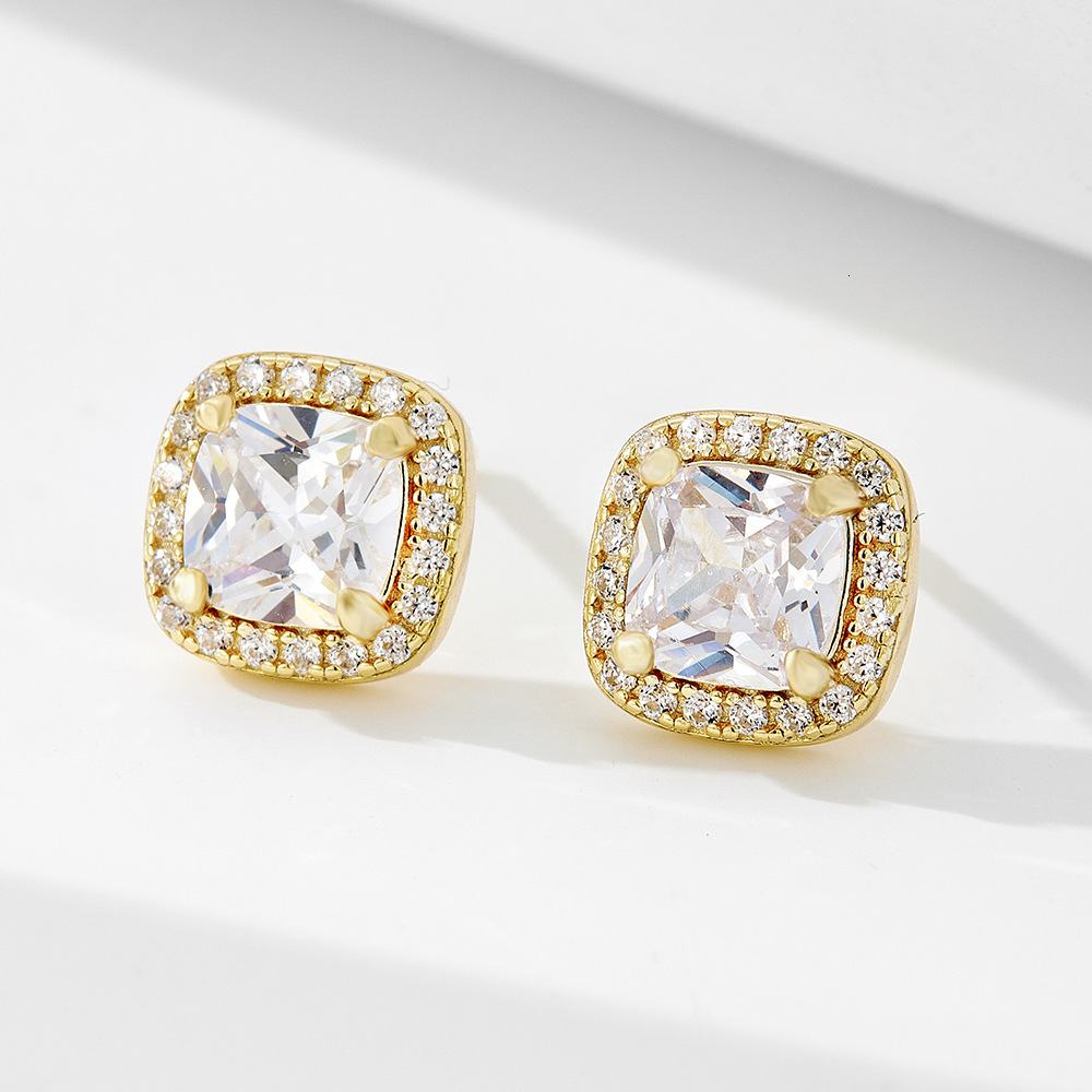 European and American Cross-Border S925 Sterling Classic Square Inlaid Diamond for Women Simple Light Luxury High-End Zircon Silver Earrings