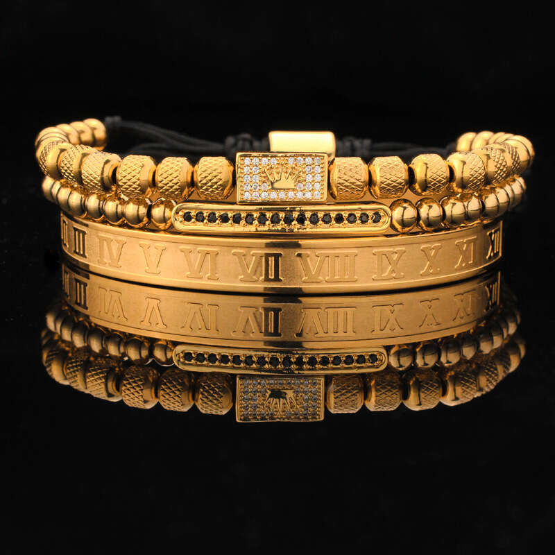 Retro Titanium Steel Bracelet Set for Men Diamond Inlay Letter Crown Jewelry for Daily Casual & Office Commute