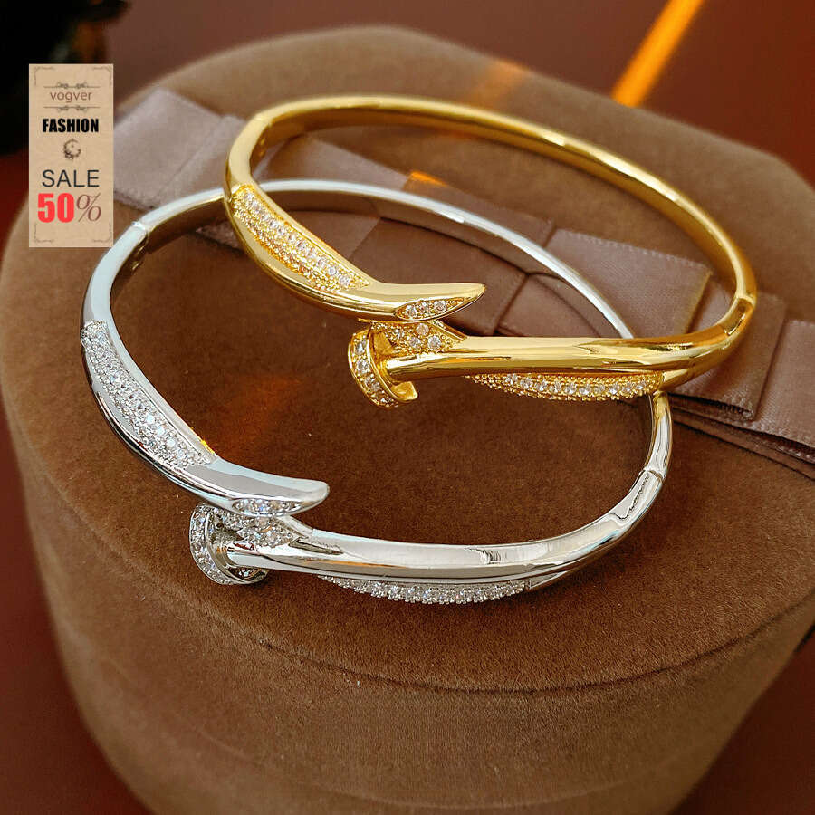 Bangle for Women 18K Real Gold Plated French Zircon Nail Cross Adjustable Clasp Niche Light Luxury High-End Jewelry