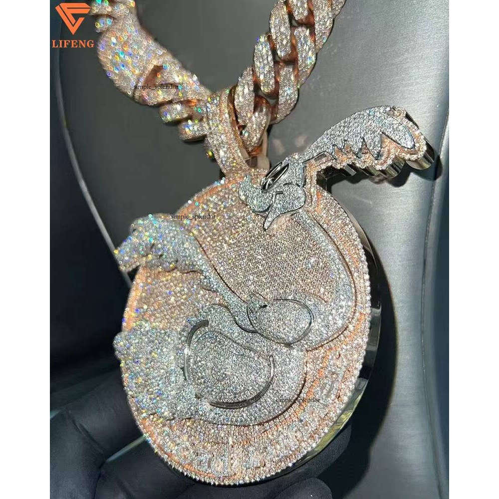 Ice out VVS Moissanite 3inch Solid Sier Round with Angel and Money Bag Hip Hop Iced Out Chain Pendant