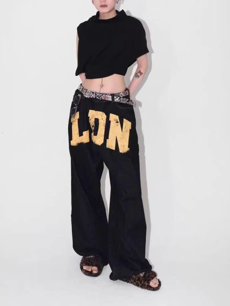 American Vintage Letter Print Jeans Womens Black Gothic Y2k Loose Denim Pants Fashion Hip Hop Wide Leg Casual Streetwear 260104