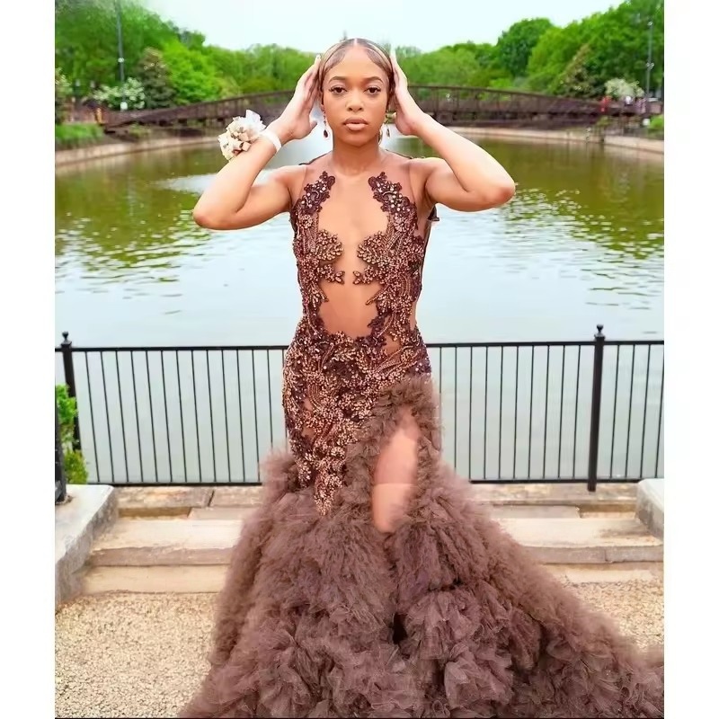 Customized Sexy Brown Ruffles Mermaid Prom Dresses 2026 High Slit Crystal Beaded Black Girls Evening Gala Party Gowns