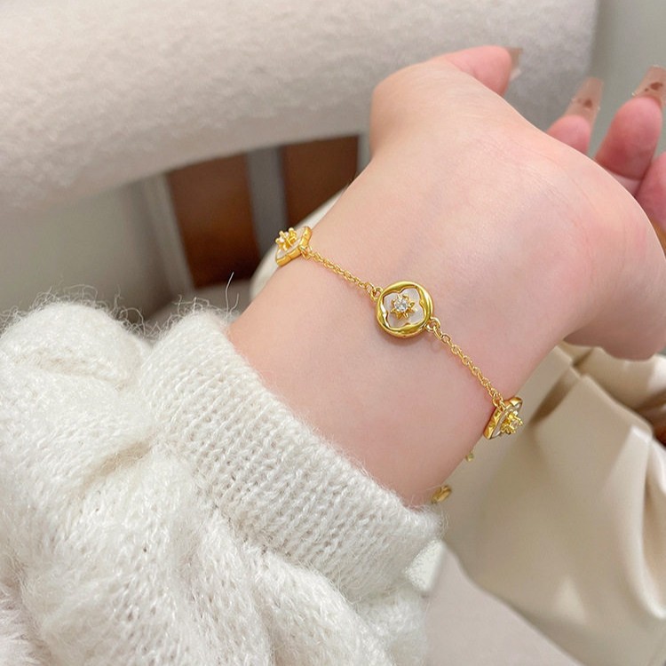 18K Real Gold Plated Zircon Mother-of-Pearl Flower Adjustable Bracelet Light Luxury High-End Feel Personalized Versatile Jewelry