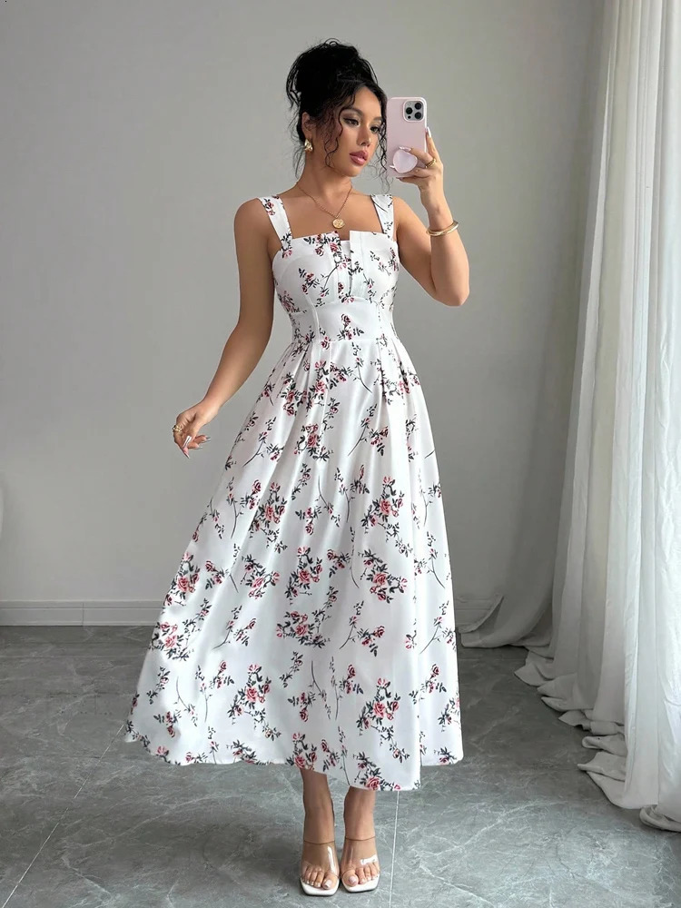Summer Womens Printed DressSleeveless DressesFloral DressesBackless DressesElegant Dresses For LadiesWhite Dresses 260104