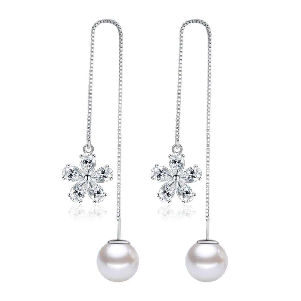 925 Sterling Silver Long Flower Zircons Pearl Earrings Ladies Fashion Simple Birthday Wedding Anniversary Jewelry Gift