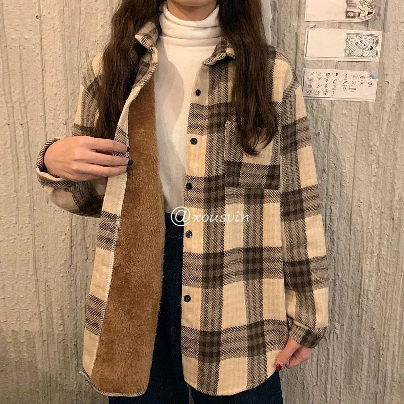 Autumn and Winter Plaid Shirt for Women Womens Retro Loose Wool Jacket Casual Versatile Longsleeved Top 251231