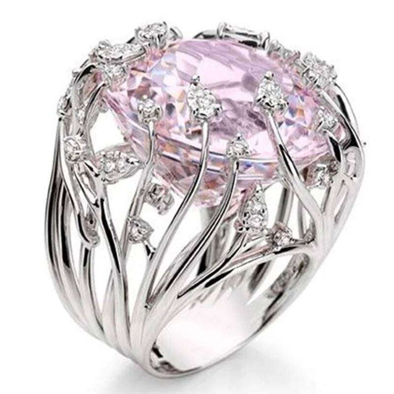 New 925 Sterling Silver Inlaid Pink Crystal Zircon Exaggerated Ring For Woman Wedding Jewelry Gift