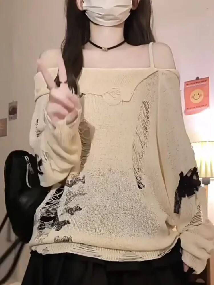 Bestseller Vintage Printed Slash Neck Women Off-shoulder Knitted T Shirt 2025 Fashion Autumn Loose Slim Fit Hoodie Elegant Tops Female ddmytues