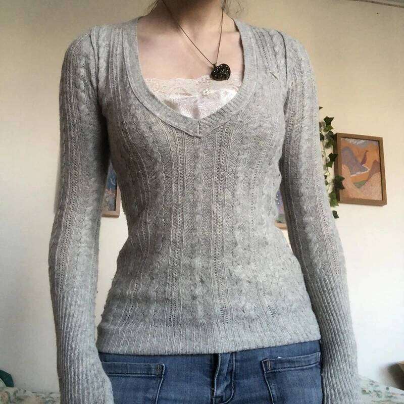 Y2K Lace Trim Long Sleeve Tee Fairy Coquette Kawaii Sweater 00s Vintage Women Slim Fit Aesthetic Pullovers Korean Streetwear