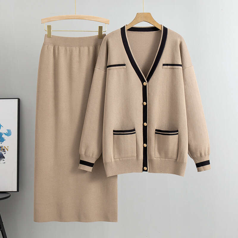 Fashion Loose Knit Sweater and Skirt Set Casual Two-Piece Knit Cardigan Set Midi Skirt Outfit for Autumn Winter Free Shipping