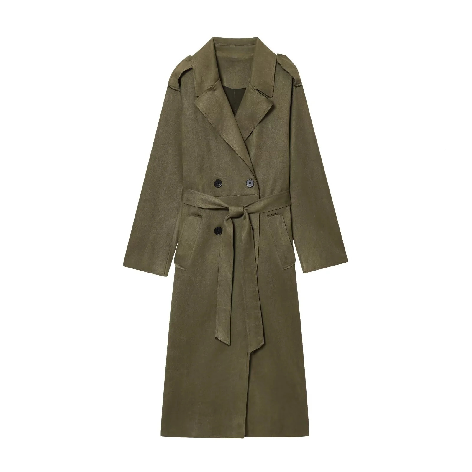 2025 Winter Womens Casual Fashionable Simple Lapel DoubleBreasted Long Trench Coat with Belt and Suede 251231