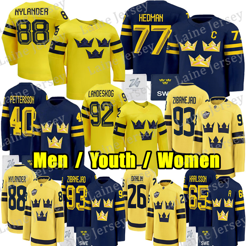 #88 William Nylander team Sweden hockey jersey 2026 olympices jersey #92 Gabriel Landeskog Leo Carlsson Rasmus Dahlin Lucas Raymond Mika Zibanejad Wallstedt jerseys