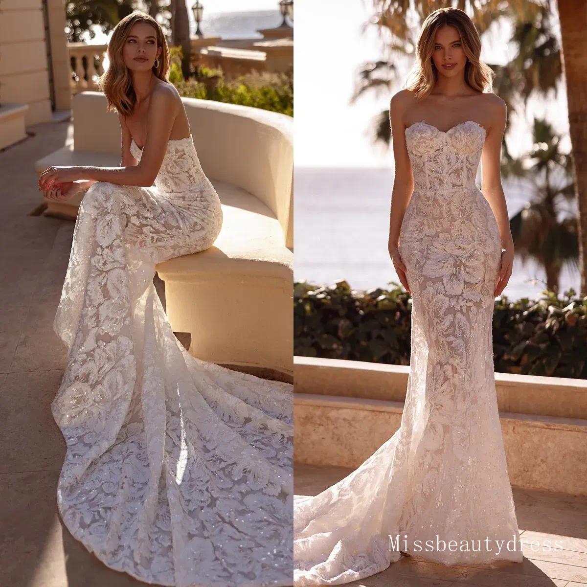 Sequins Gorgeous Lace Mermaid Dresses Bridal Gowns Sleeveless Sweetheart Wedding Dress Backless Sweep Train Robe De Mariee