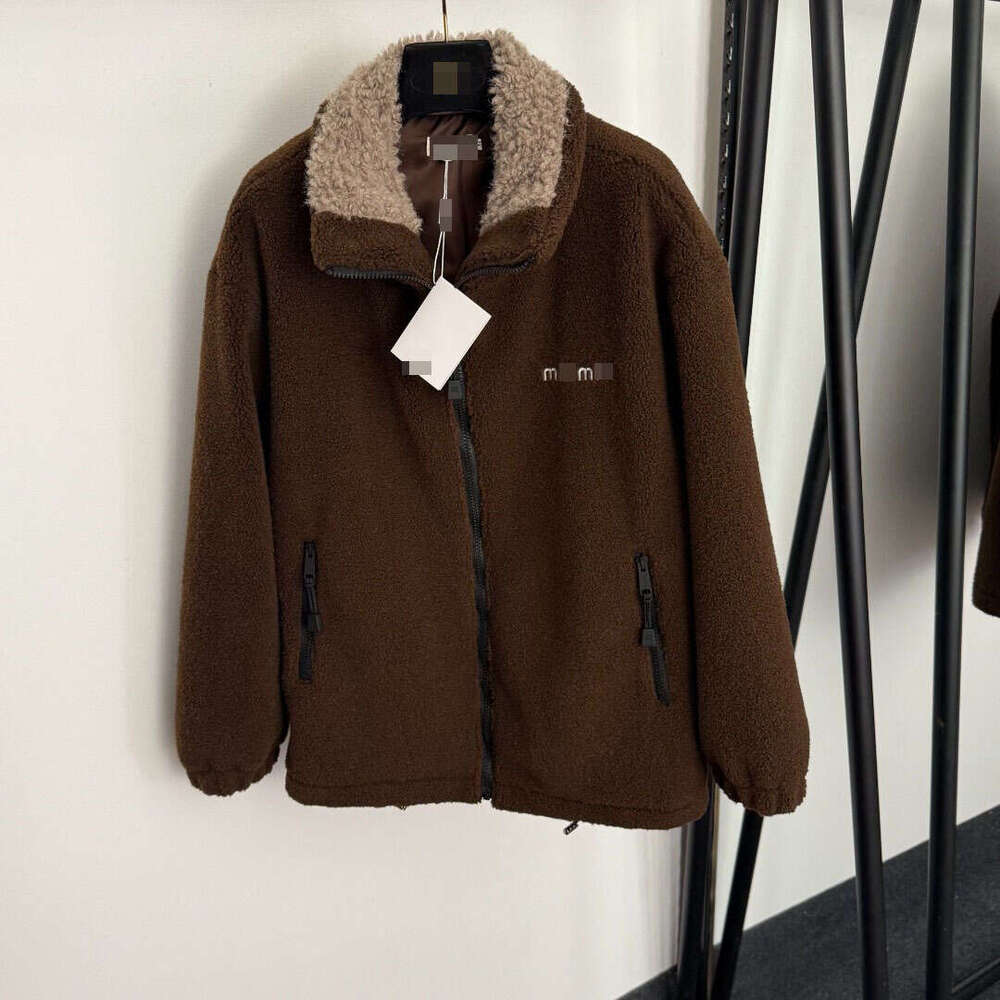 Designer Shenzhen Autumn Winter High-End Warm Foreign Trade Women's New Logo Embroidery Lamb Wool Turn-Down Collar Long Sleeve Zipper Jacket 7a62