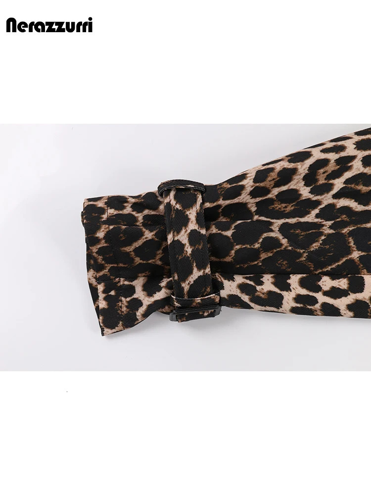 Nerazzurri Autumn Long Oversized Leopard Print Trench Coat for Women with Back High Slit Double Breasted European Fashion 251231