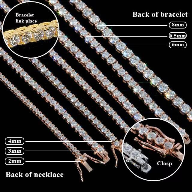 Large Stocks Drop Shipping Hip Hop Jewelry Solid 925 Sterling Silver 2MM to 65MM VVS Moissanite Diamond Tennis Chain Necklace