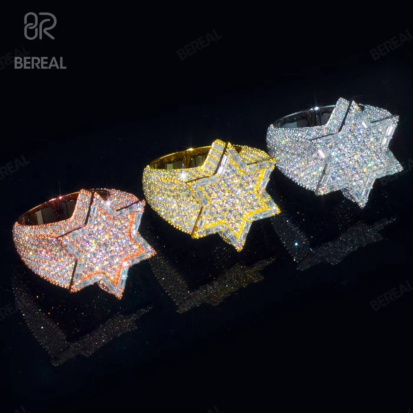 Wholesale Vvs Baguette Moissanite Hip Hop Diamond Six-pointed Star Men Ring Iced Out 925 Silver Diamond Cuban Link Cross Rings