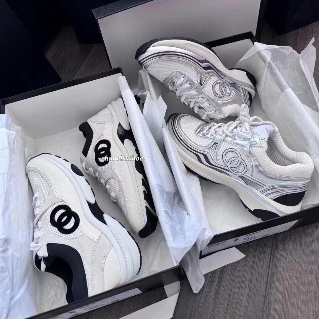 34-45 Designer Running CCity Shoes Leather Sport Runner Lace Up Sneakers Chan Shoe Gold Silver Metallic Flat Womans Trainer Mesh Calfskin Nylon Reflective