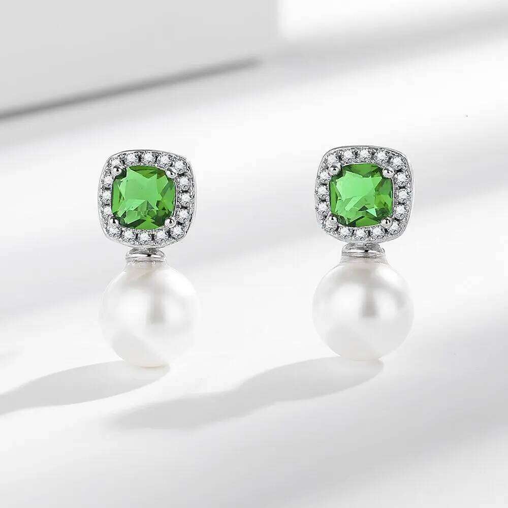 925 Sterling Silver Square Emerald Zirconium Pearl Earrings Ladies Fashion Simple Birthday Party Wedding Jewelry Gift