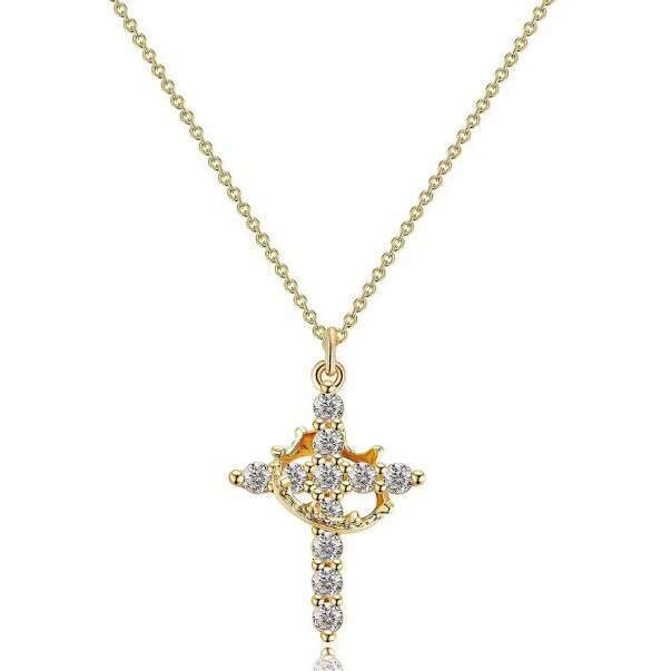 Full Diamond Rotatable Crown Large Copper Gold-Plated Cross Pendant Necklace Light Luxury In Stock