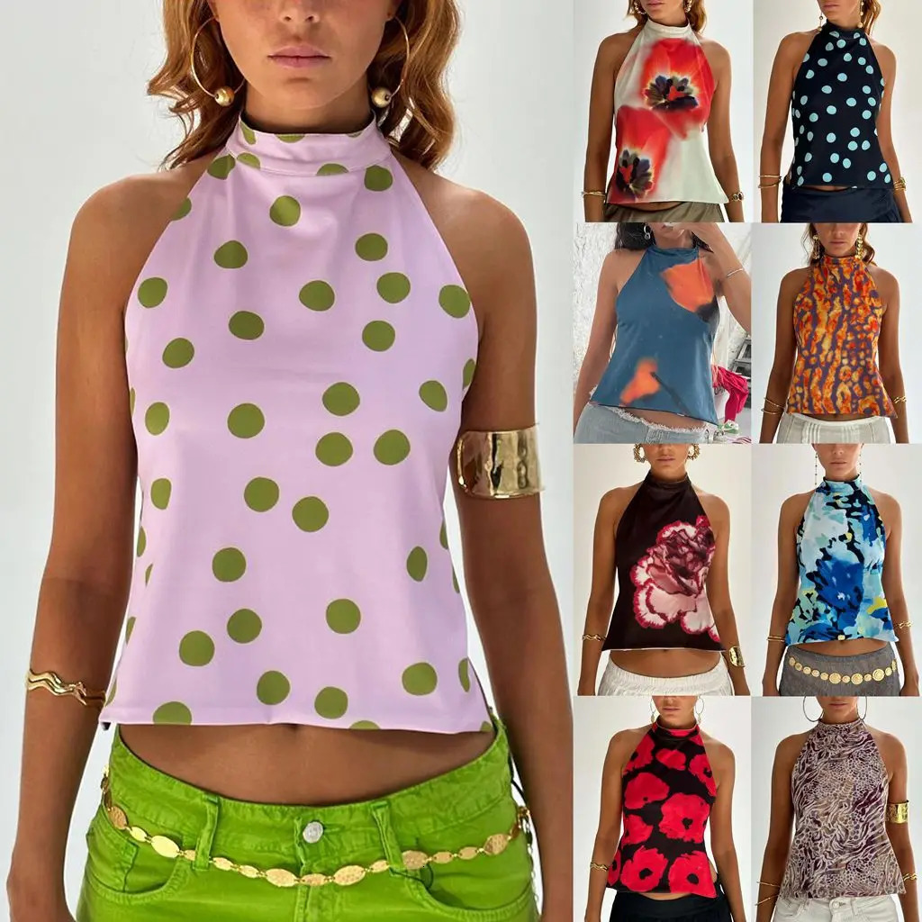 Combhasaki Womens Y2K Button Closure Halter Neck Crop Tops Sleeveless Backless Aesthetic DotsTiedye Flower Print Summer Vests 260104