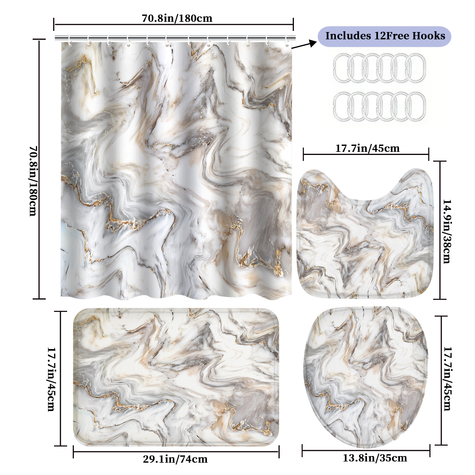 YL-38094 High-definition digital printing shower curtain four-piece set, waterproof, no-drill bathroom partition curtain, marble.