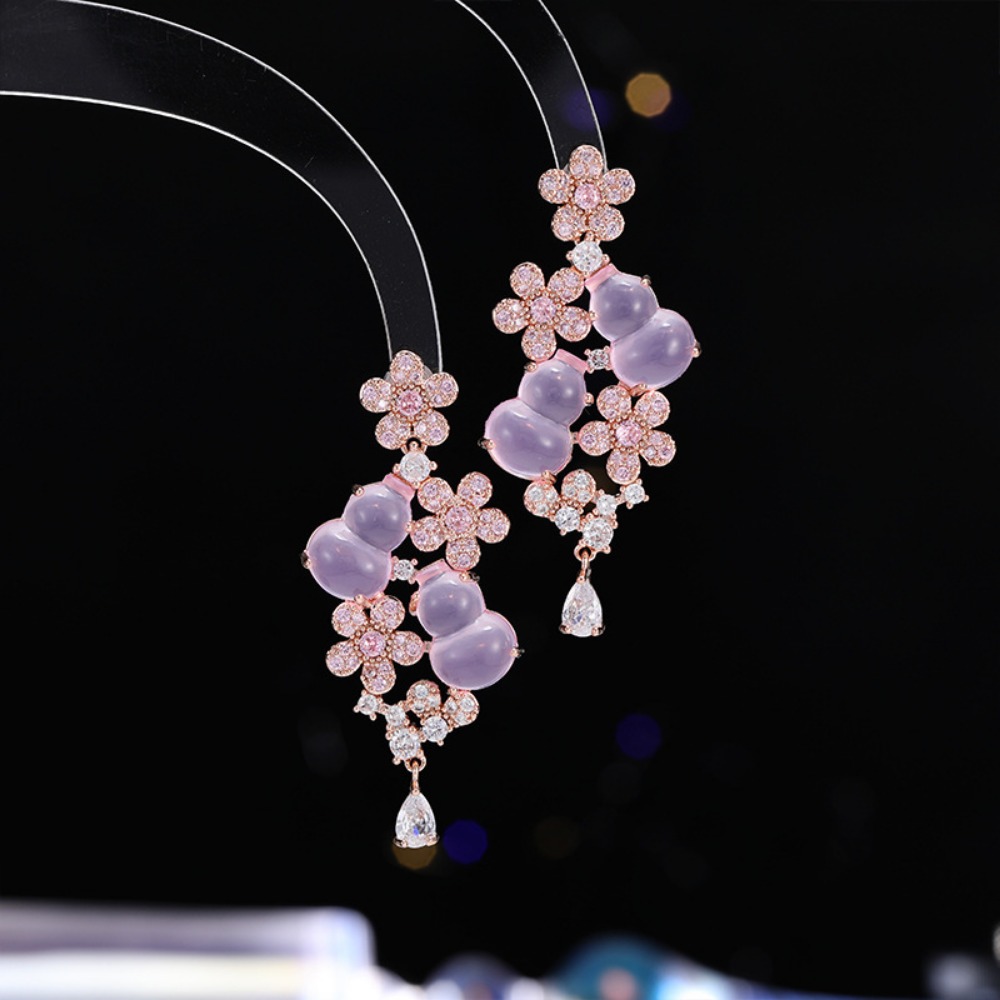 Chinese Style Lucky Treasure Glazed Treasure Gourd Flower Earrings Light Luxury Micro Inlaid Earrings Women's Wholesale