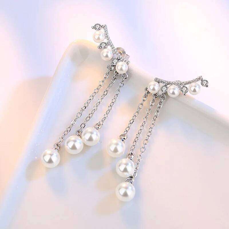 925 Sterling Silver Multi-pearl Chain Zircons Earrings Ladies Fashion Simple Birthday Wedding Anniversary Jewelry Gift