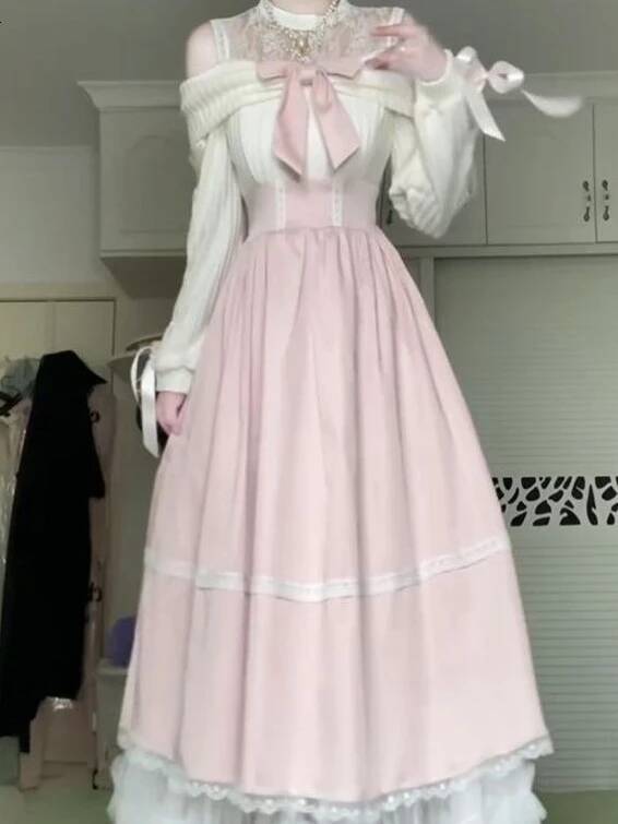 Bestseller Off-Shoulder White Lolita Lace Trim Bow Style Sweet Party 2025 Autumn Daily Wear Outfit Women Cute Midi Dress New ddmytues