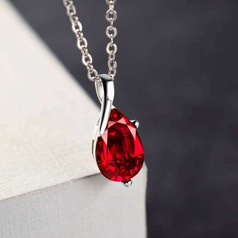 S925 Sterling Silver Angel Tears Crystal Red Pendant Necklace for Woman Charm Jewelry Gift