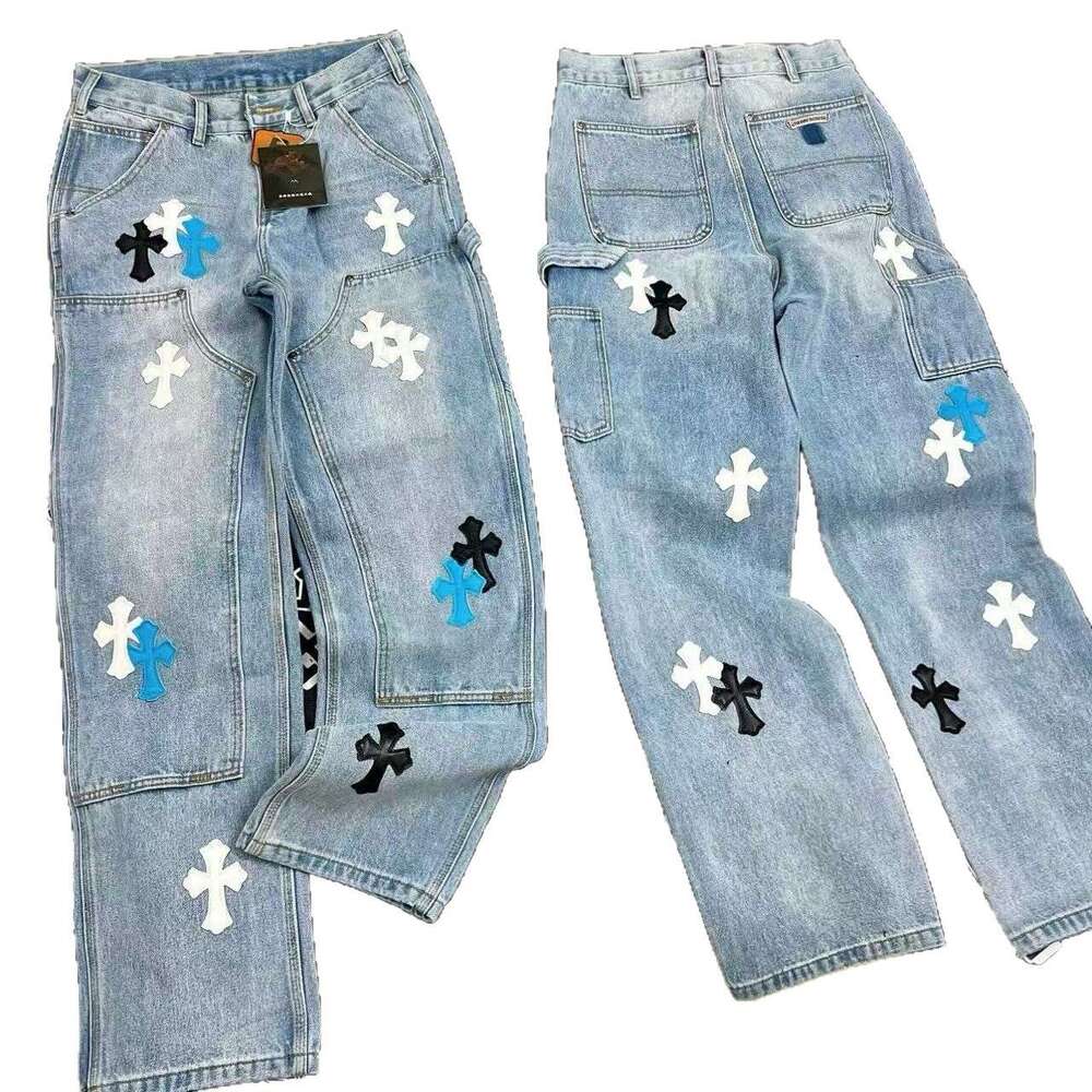 Double Knee Cross Patch Leather Version Logging Straight-Leg Sanskrit Work Pants Unisex