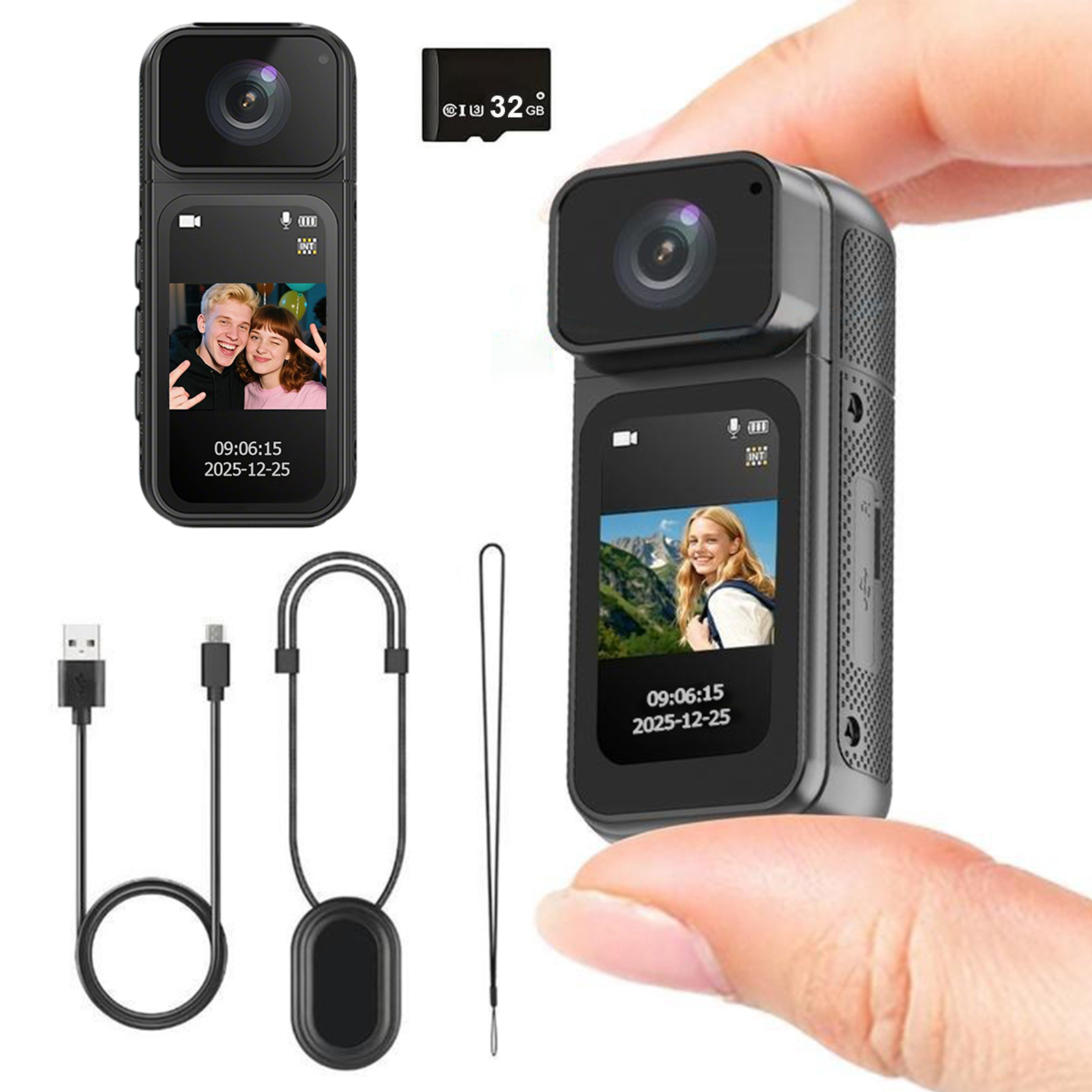 Ormos 180° Rotating Lens Action Camera - 2.7K Resolution, Magnetic & Wearable Design, Wi-Fi Connectivity, Ultra Lightweight, Includes 32GB TF Card