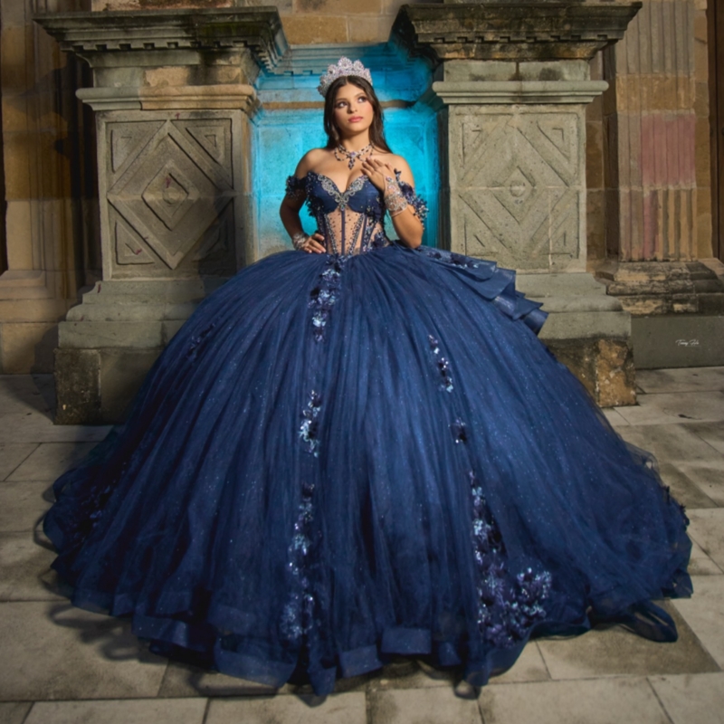 Navy Blue Quinceanera Dresses Off Shoulder Ball Gown Sweet 16 Dress Applique Lace Beading Crystal Tull Corset Birthday Party Vestidos 15 De Anos