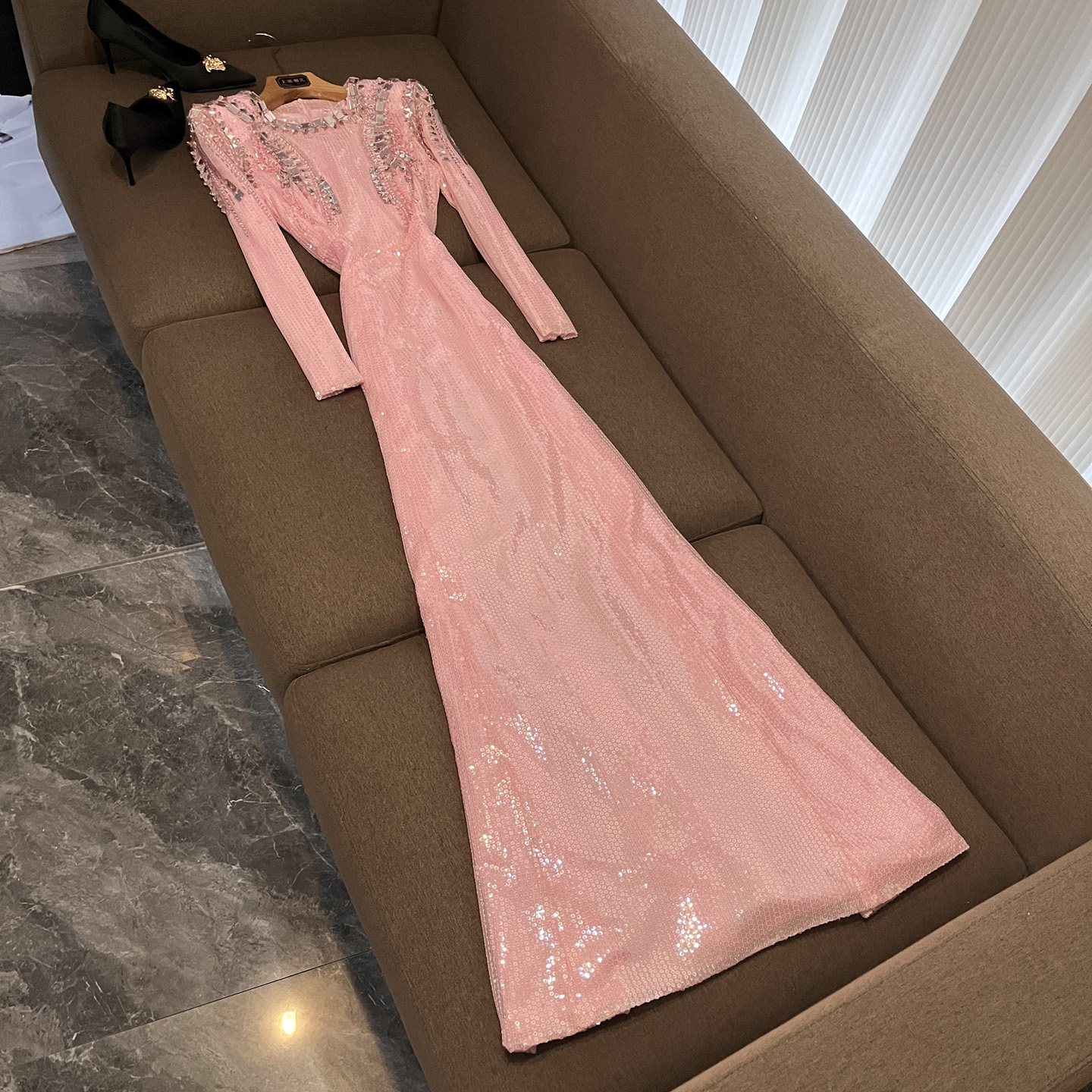 2026 Spring Pink Sequins Beaded Dress Long Sleeve Round Neck Rhinestone Long Maxi Casual Dresses O6J059088 Check Size Chart Please