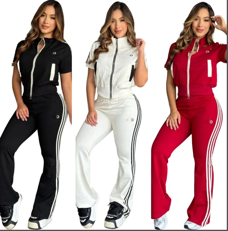 patchwork Tracksuits for Women Stand Collar Contrast short Sleeve Zipper Jacket High Waist Wide Leg Pants Suit 2026 Spring Lady Outfits