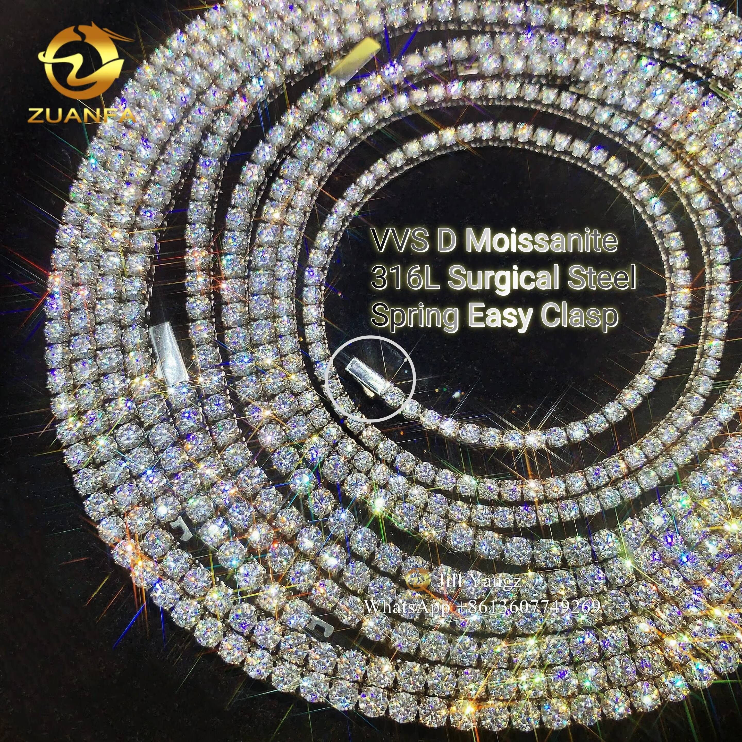 Zuanfa Jewelry Spring Clasp Moissanite Tennis Chain Necklace 3mm 4mm 316L Surgical Steel Gift Idea Stainless Steel Jewelry