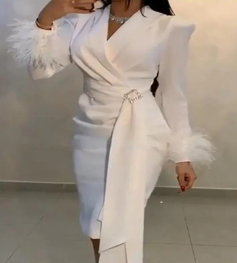Elegant Arabic Mermaid White Evening Dresses With Feather Long Sleeve Short Party Dress V Neck Plus Size Prom Skirt Vestidos De Noche Abendkleider 0105