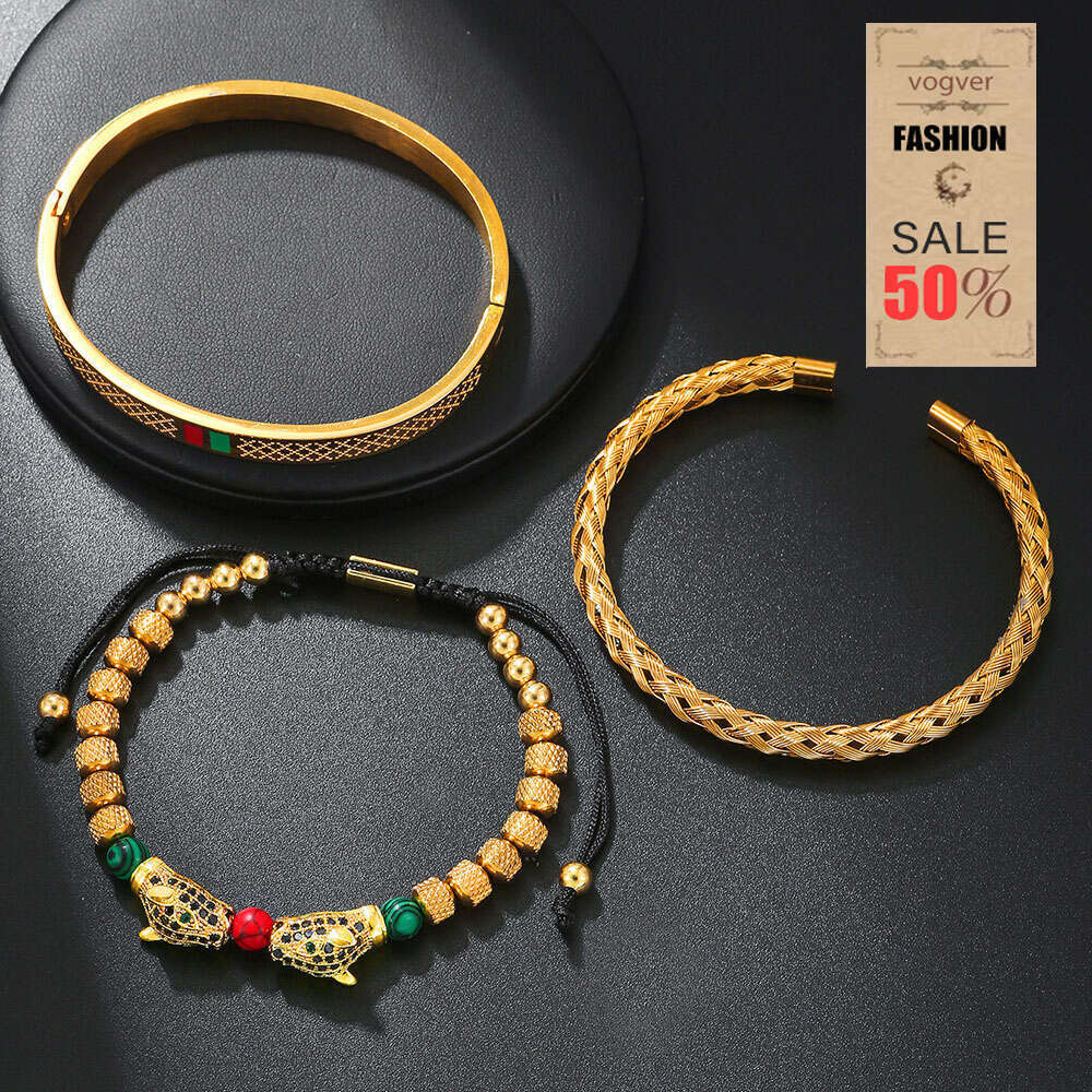 Men's Woven Bracelet Set Micro-Inlaid Double Leopard Head Stainless Steel Adjustable Niche Jewelry