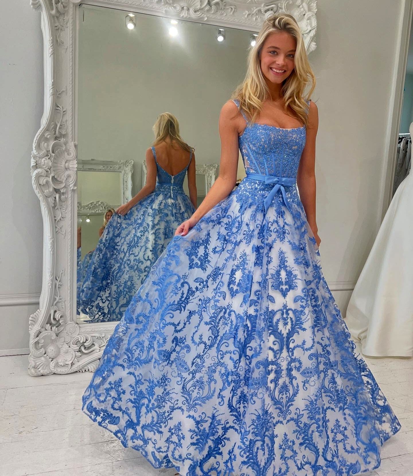 Elegant Blue Prom Dress Floral Embroidered Lace Women Pageant Runway Formal Evening Event Gowns Gala Hoco Black-Tie Sweet 16 Birthday Party Dress J05