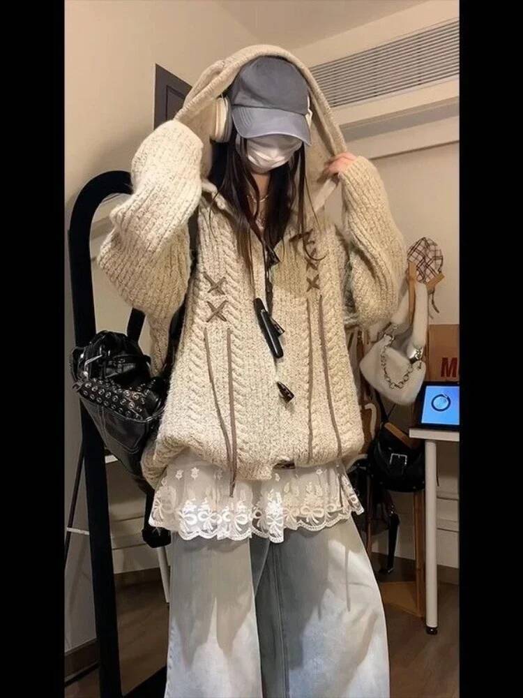 Bestseller Subculture Vintage Hooded Cardigan Streetwear Women Casual Loose Tops 2025 Autumn Grunge Sweater 2000s Harajuku Coat ddmytues
