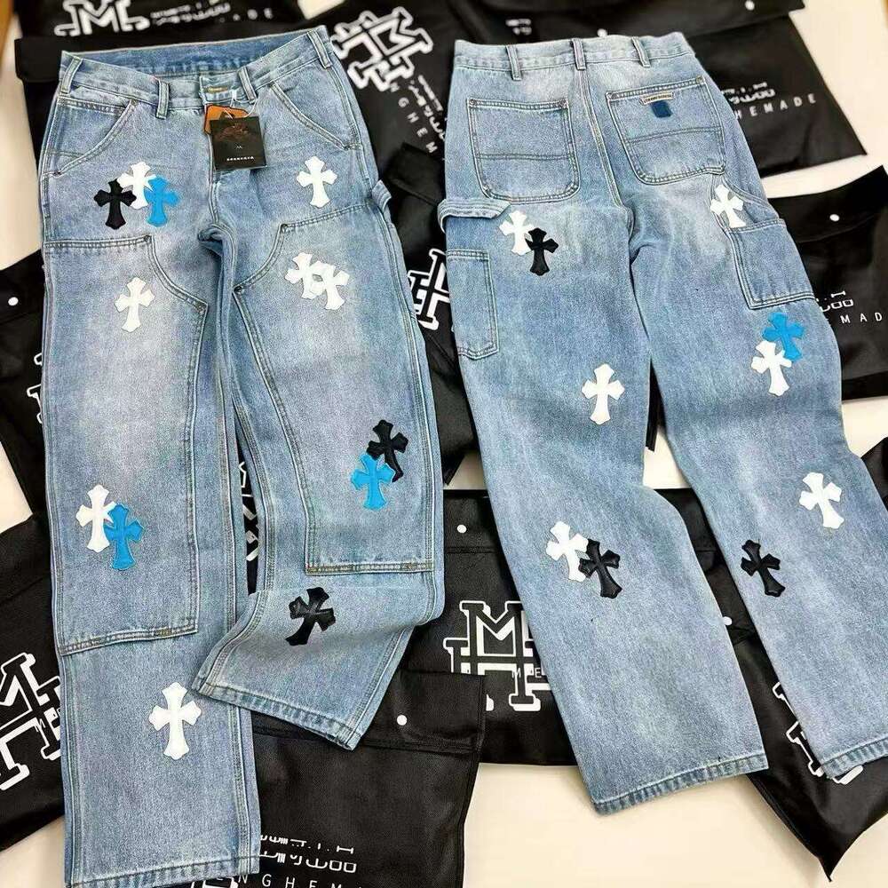 Double Knee Cross Patch Leather Version Logging Straight-Leg Sanskrit Work Pants Unisex