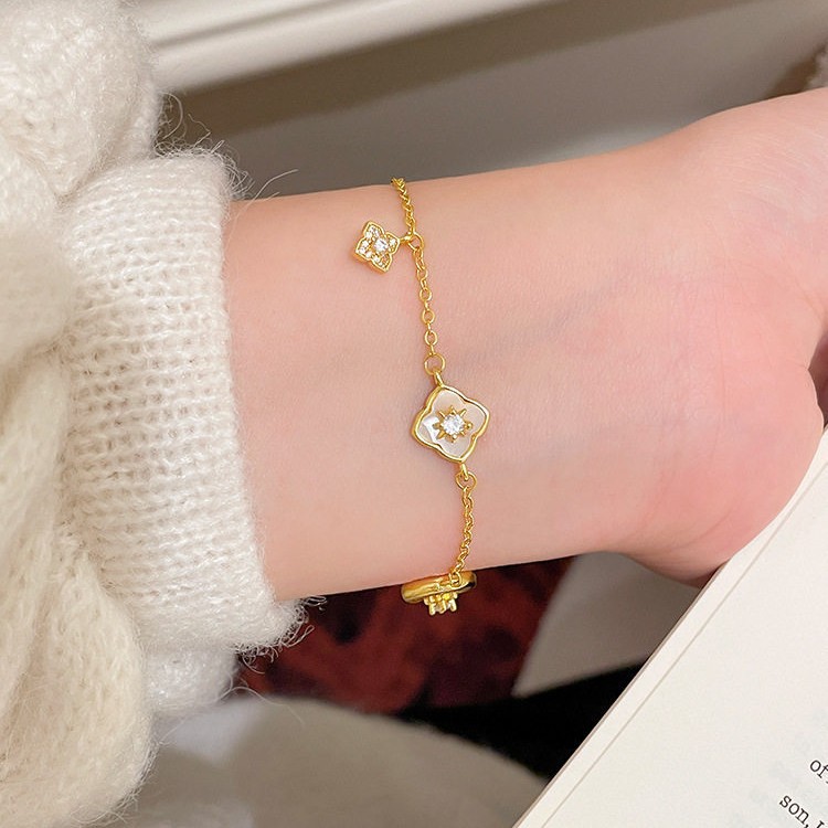 18K Real Gold Plated Zircon Mother-of-Pearl Flower Adjustable Bracelet Light Luxury High-End Feel Personalized Versatile Jewelry