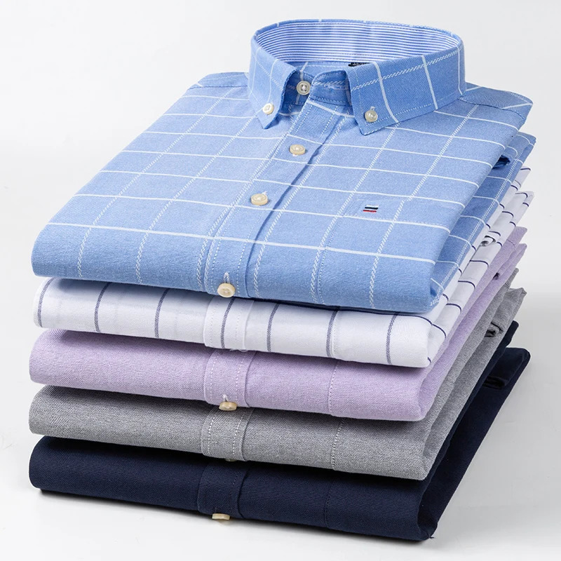 100 Cotton Oxford Mens Shirts Long Sleeves Plaid Soft Regular Fit Formal Dress Shirt Pocket Social Blouse Male Clothes S7XL 251230
