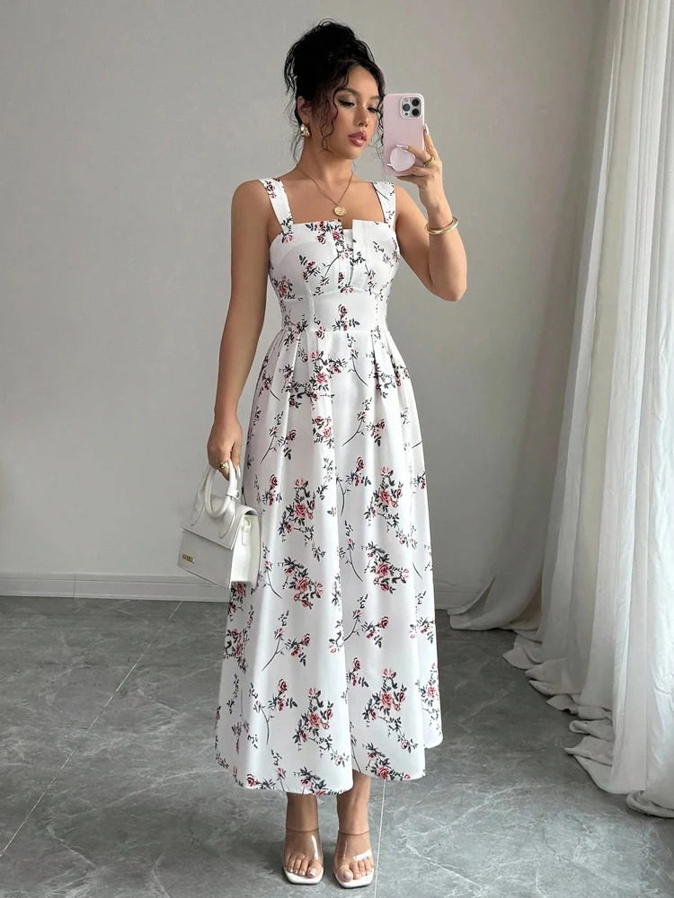 Summer Womens Printed DressSleeveless DressesFloral DressesBackless DressesElegant Dresses For LadiesWhite Dresses 260104