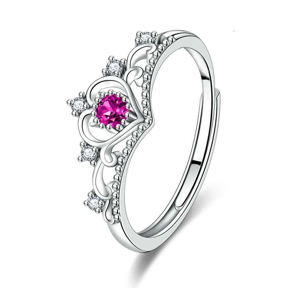 925 Sterling Silver Crown Pink Zirconia Opening Ring Ladies Fashion Simple Birthday Party Wedding Anniversary Jewelry Gift