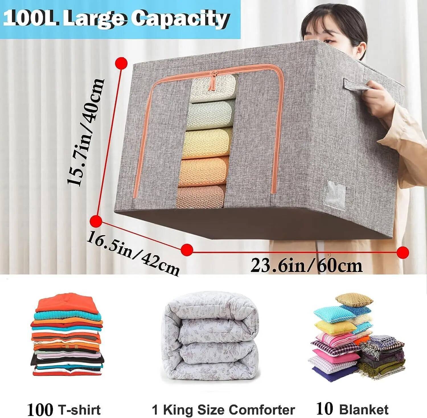 24/66l/100l Cotton And Linen Folding Fabric Storage Boxes Large Moving Crushed Steel Frame Clothes Quilt Toy Organizer ddmynov - view 3