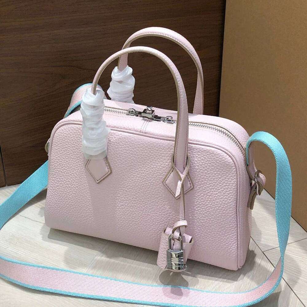 Colorful Straps Handbag Cm Genuine Leather Boston Top Layer Cowhide Bowling Fashion Shoulder Crossbody Bag LEMON KOKO