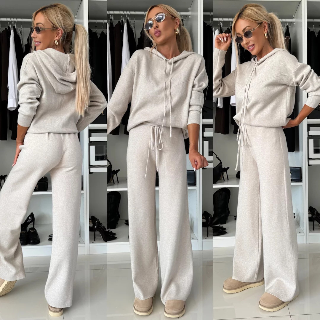 European and American Autumn Winter New Casual for Women Solid Color Hooded Long Sleeve Sweatshirt with Drawstring Wide-Leg Pants Two-Piece Set